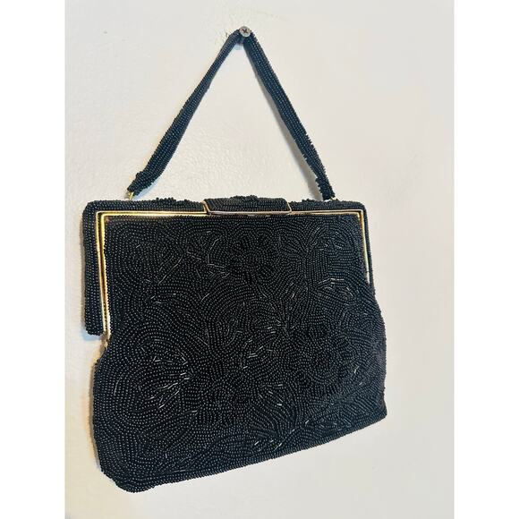 Vintage 70s/80s Black Beaded Embroidered Clutch Closure Beaded Handled Handbag - Picture 2 of 12